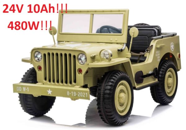 Pojazd Wojskowy Jeep Willys 3-Osob. Wersja Premium Mega Moc 4x120W! 24V10Ah! JASNO-ZIELONY