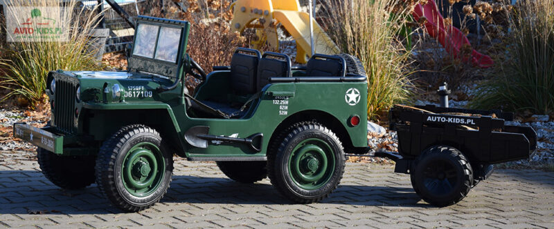 Pojazd Wojskowy Jeep Willys 3-Osob. z PRZYCZEPKĄ Wersja Premium Mega Moc 4x120W! 24V10Ah! CIEMNO-ZIELONY
