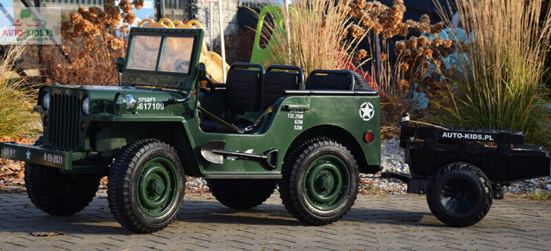 Pojazd Wojskowy Jeep Willys 3-Osob. z PRZYCZEPKĄ Wersja Premium Mega Moc 4x120W